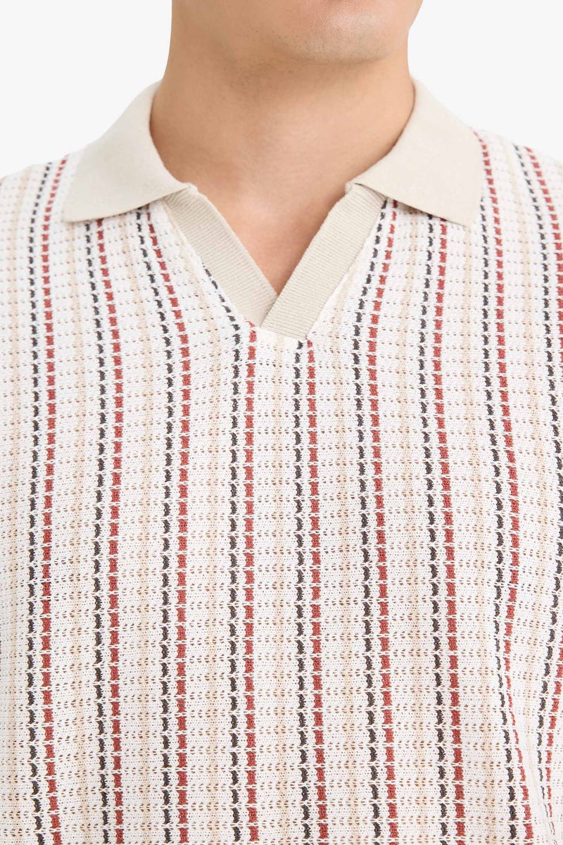 DeFacto Beige Man Regular Fit Short Sleeve Striped Polo T-Shirt Casual - Image 5